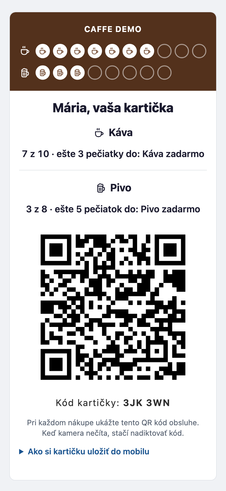 Vernostná kartička hosťa v mobile — pečiatky za kávu a pivo a QR kód pre baristu